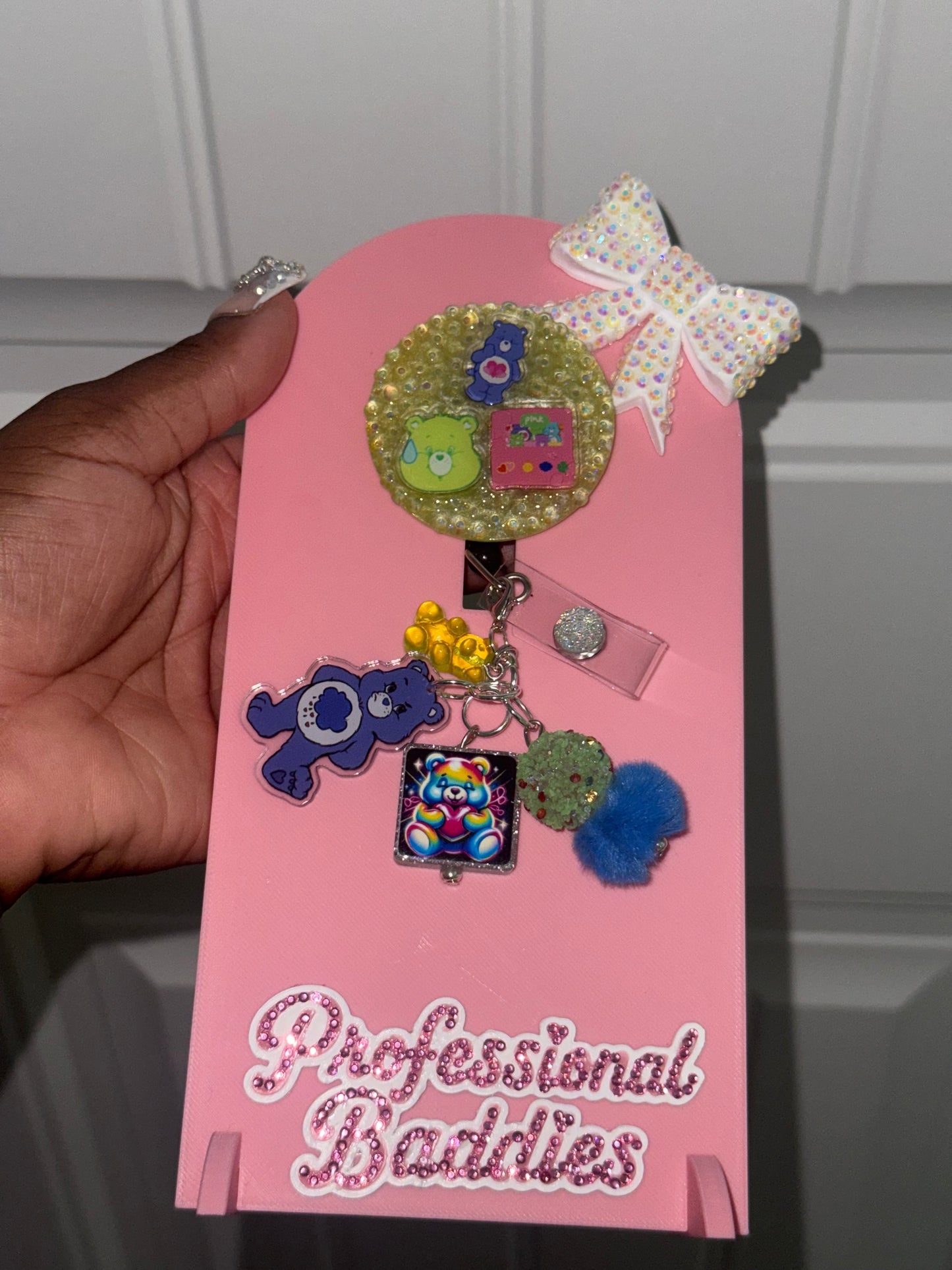 Pink green & blue bears boujee junk badge reel