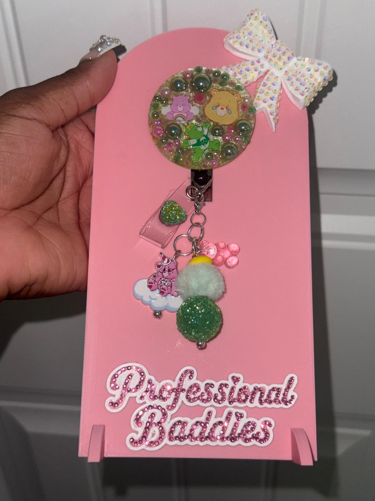 pink green yellow bears boujee junk badge reel