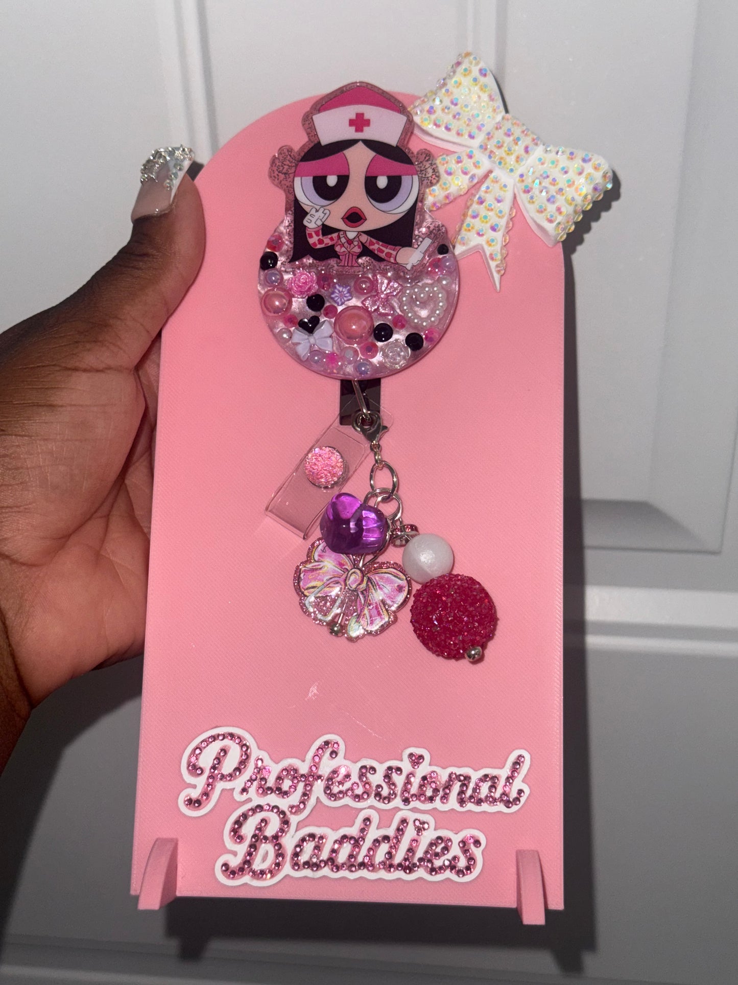 Pink PPG nurse boujee junk badge reel